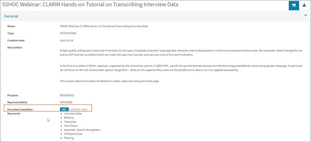 Screenshot of CLARIN metadata from workshop tutorial SSHOC